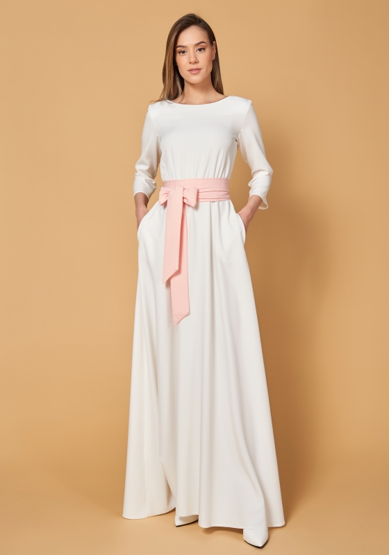 Платье в пол с поясом и длинным рукавом 5208, молочное - Платье в пол с поясом и длинным рукавом 5208, молочное