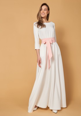Платье в пол с поясом и длинным рукавом 5208, молочное