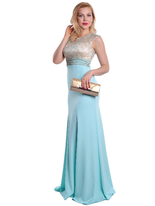 Атласное платье с кружевом и стразами  32-46 голубое