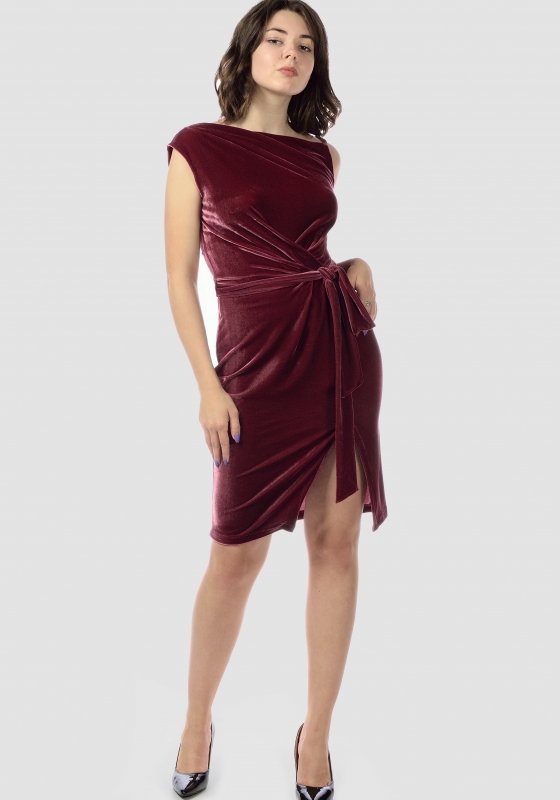 Бархатное платье с разрезом и складками, бордо - Бархатное платье с разрезом и складками, бордо