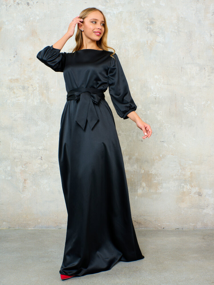Черное платье в пол с рукавом фонарик (Агния атласное) 