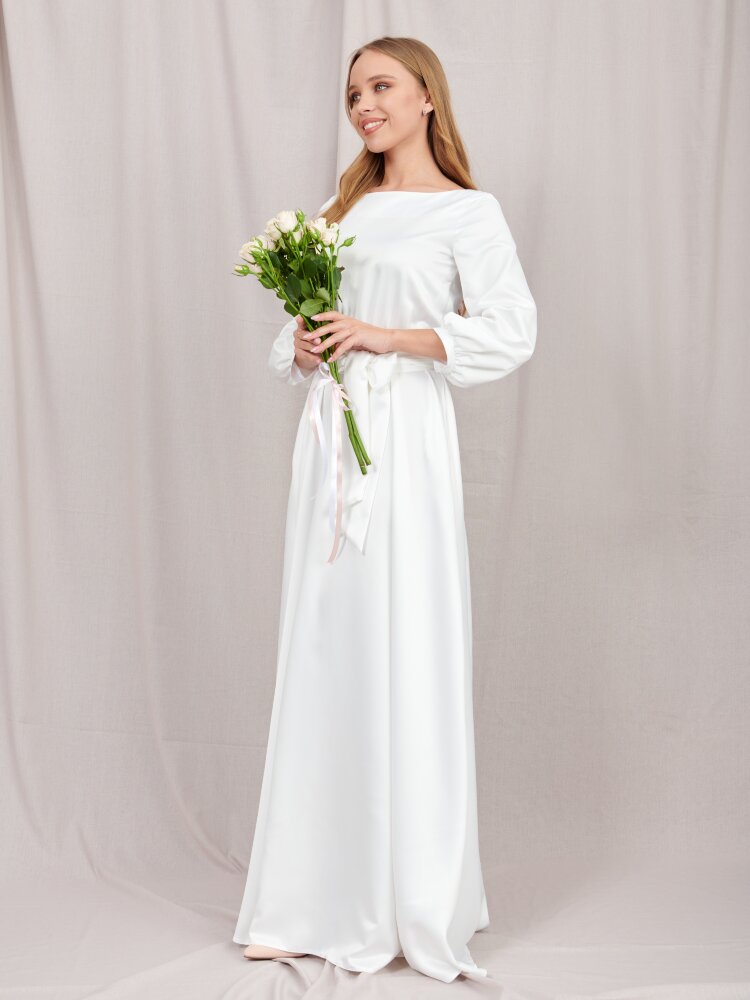Белое платье в пол с рукавом фонарик (Агния атласное) 