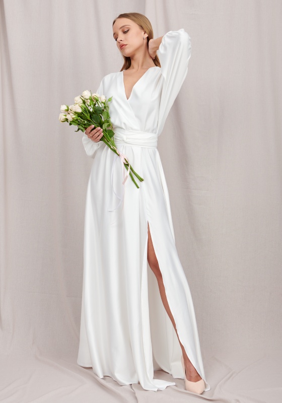 Атласное платье на запах в пол (Белый) - Атласное платье на запах в пол (Белый)