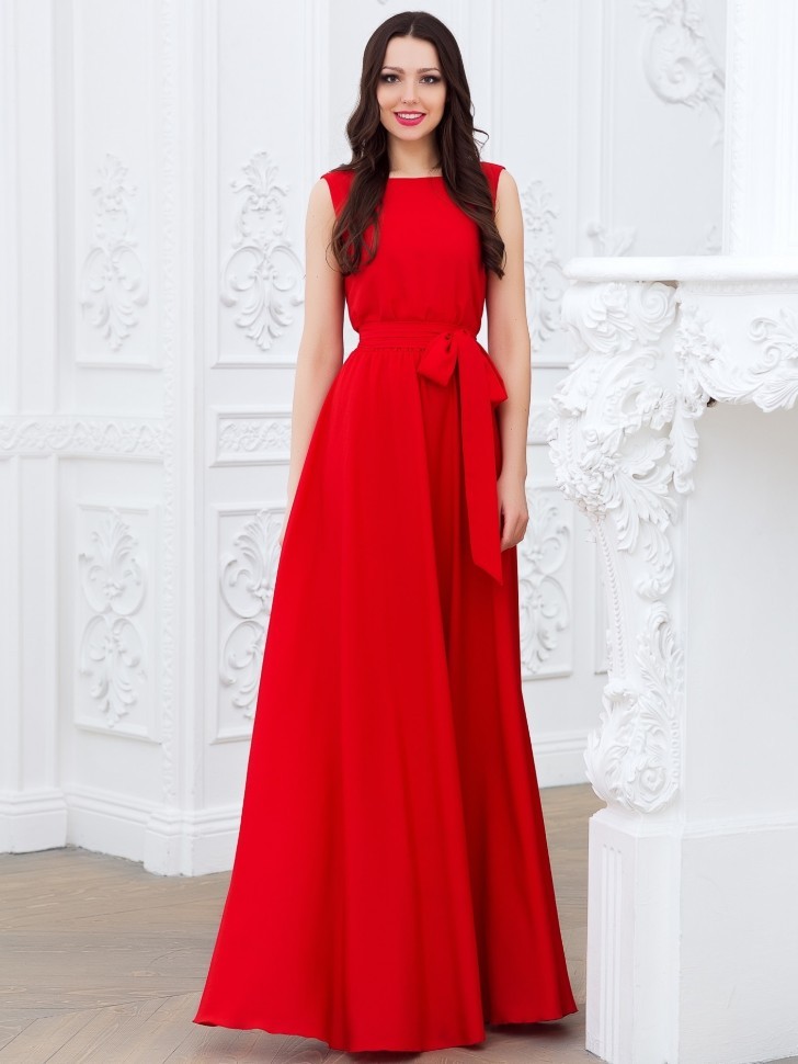 Длинное вечернее платье с поясом 5228 красное