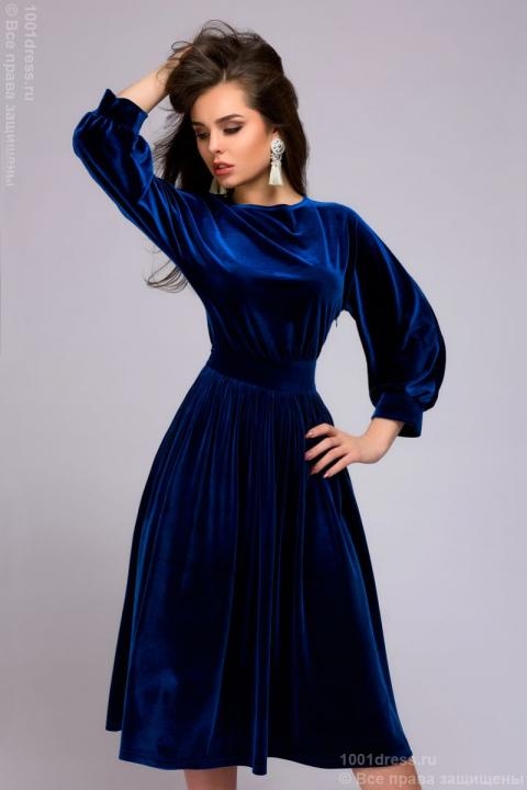 Платье бархатное темно-синее длины миди с рукавом - Платье бархатное темно-синее длины миди с рукавом