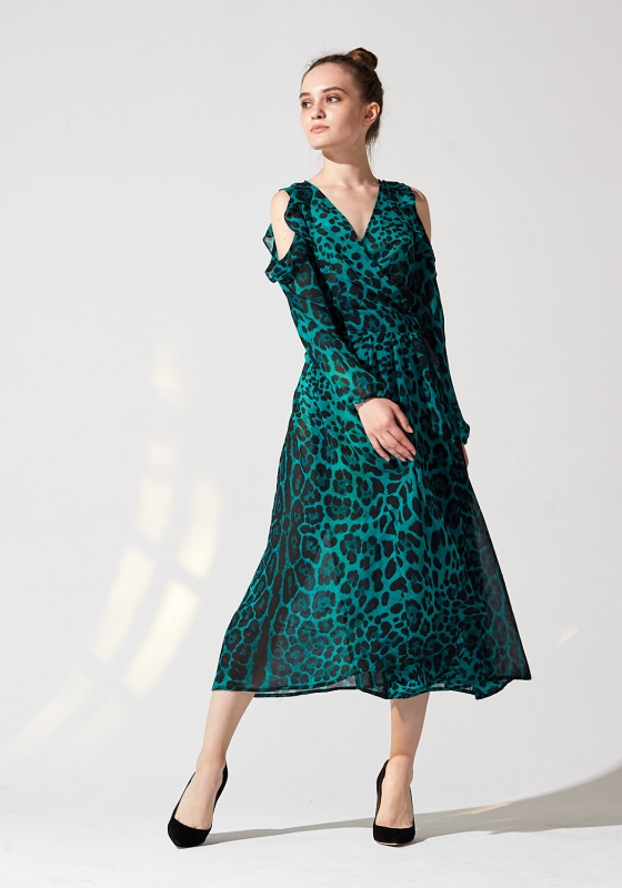 Повседневное платье миди с леопардовым принтом (изумрудное) - Повседневное платье миди с леопардовым принтом (изумрудное)