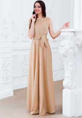 Вечернее платье в пол с поясом Eva 5214 золотое 