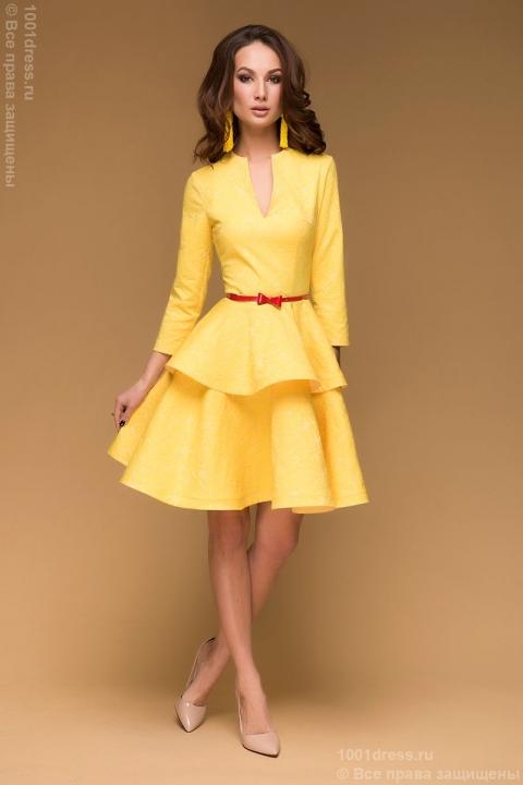Платье желтое длины мини с баской и рукавами 3/4 - Платье желтое длины мини с баской и рукавами 3/4