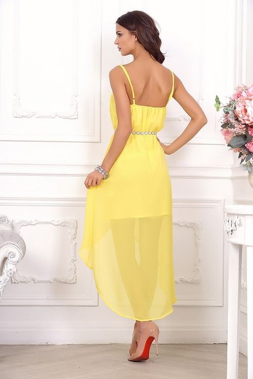 Платье длинное со шлейфом и открытой спиной 21011 жёлтое  - Платье длинное со шлейфом и открытой спиной 21011 жёлтое 