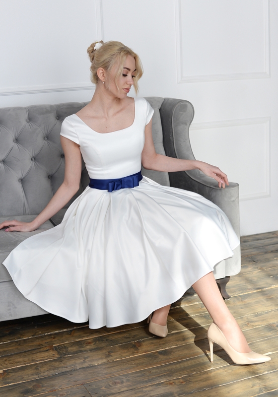 Коктейльное платье из атласа длины миди Кейт (белый) - Коктейльное платье из атласа длины миди Кейт (белый)