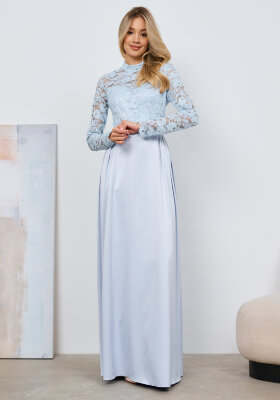 Платье длины макси с кружевным лифом и атласной юбкой, голубой