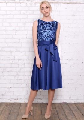 Ослепительное коктейльное платье из атласа с кружевом, синий